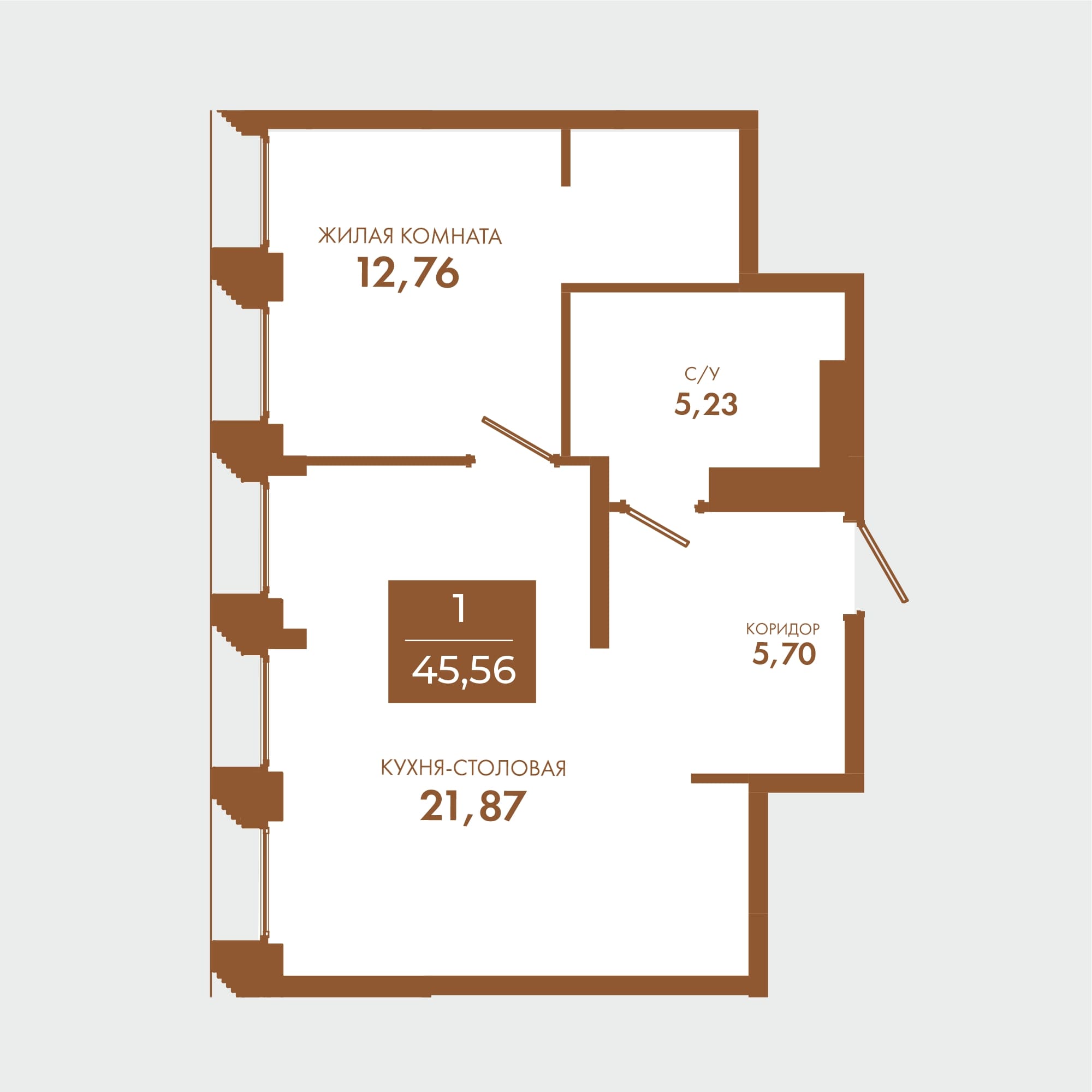 Планировка 1-комнатной квартиры 45,56 м.кв