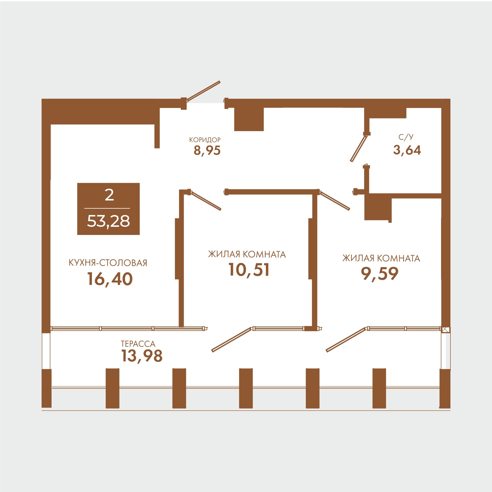 Планировка 2-комнатной квартиры 53,28 м.кв